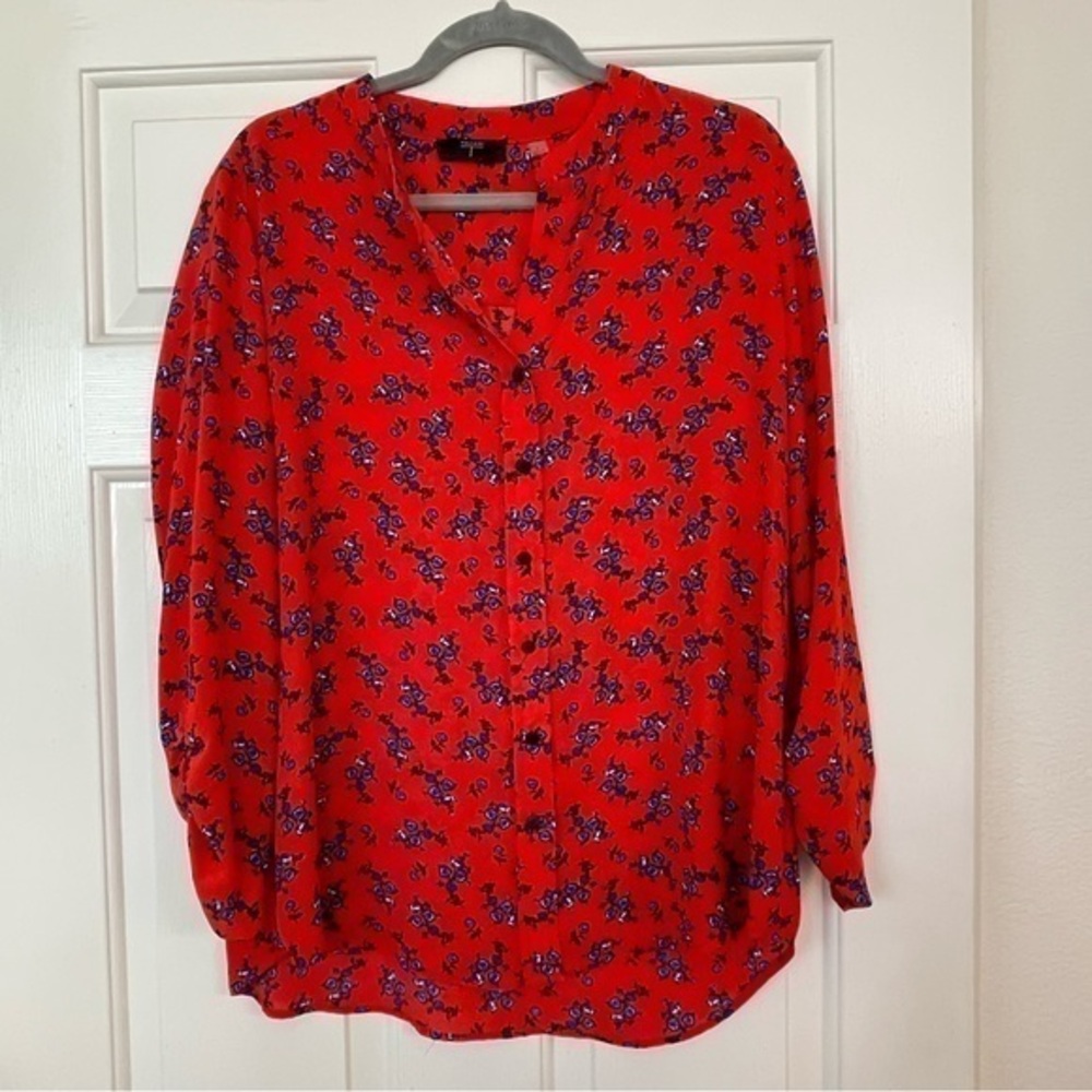 Tahari Red Floral Blue Roses Blouse Size Large